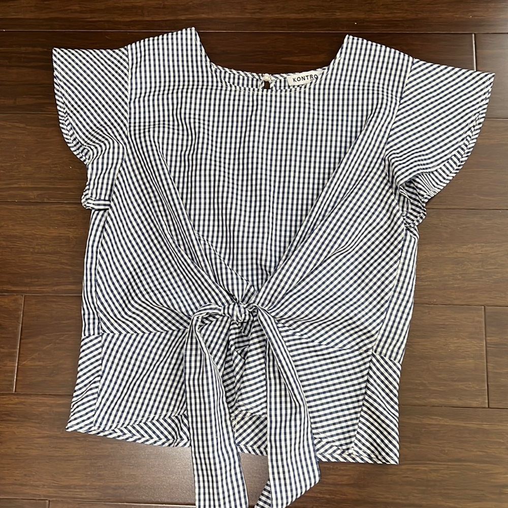 Blue Gingham Waist Tie Blouse